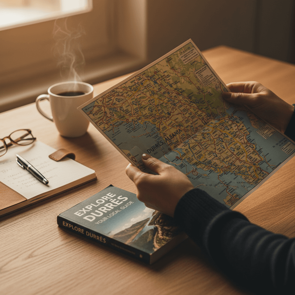Travel consultant reviewing Durrës city map and planning details