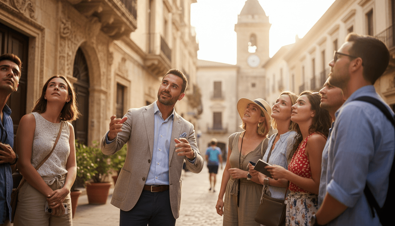 Local travel guide in Durrës smiling warmly while gesturing toward the city streets