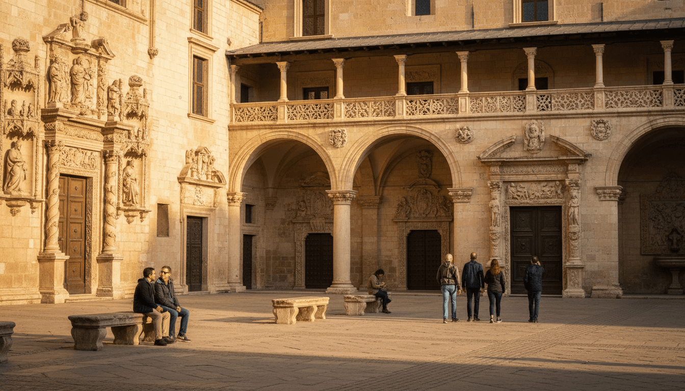 Warm golden-hour view of a historic European coastal city square with stone architecture and winding streets