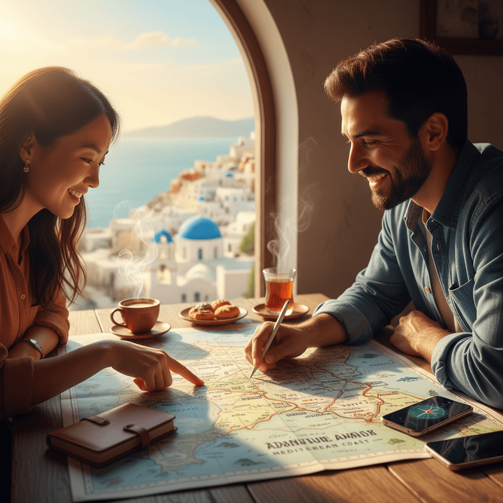Local guide pointing to Durrës map at café table